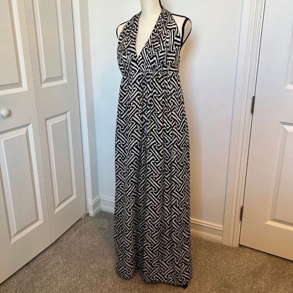 Kay Unger Halter Maxi Sundress 10 Black and White Silk - Picture 3 of 16